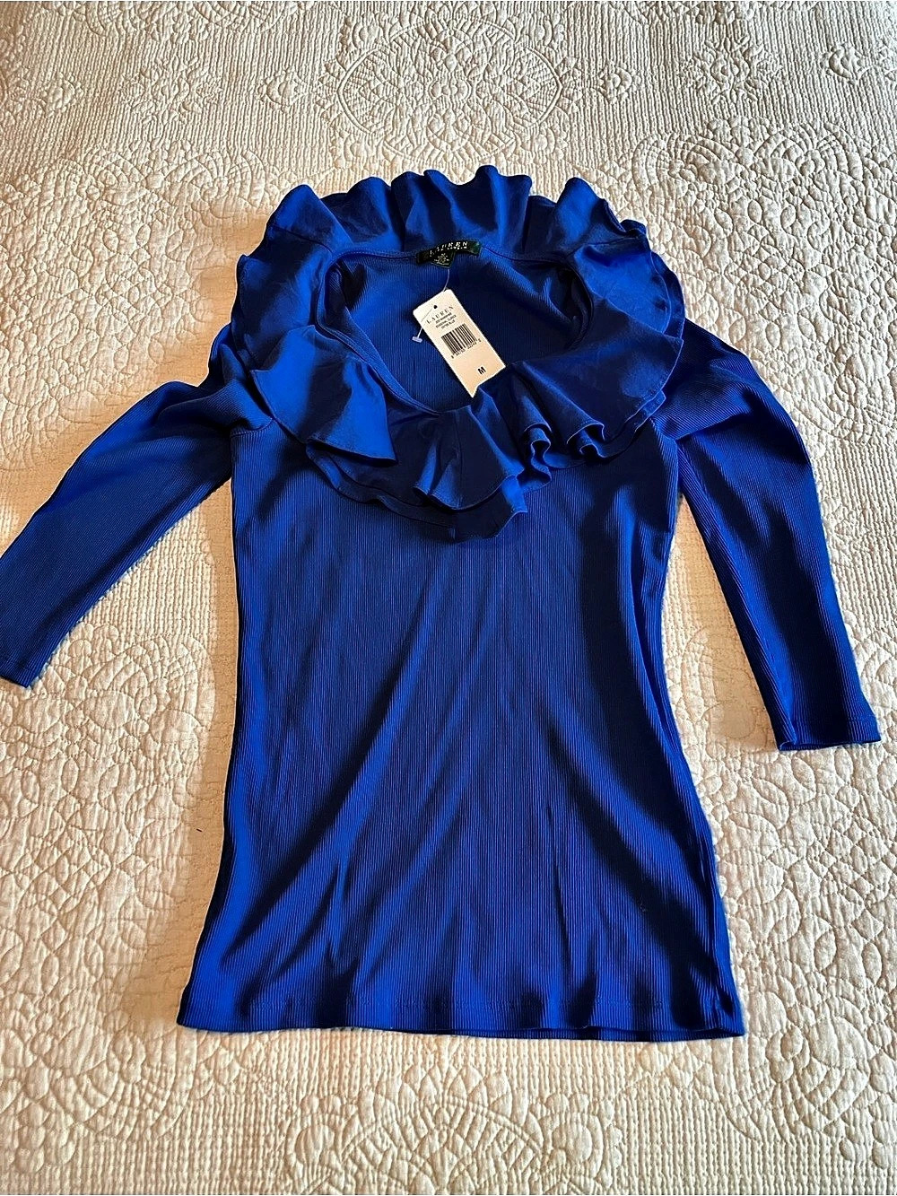NWT Ralph Lauren double Ruffle vNeck cotton Ribbed Top